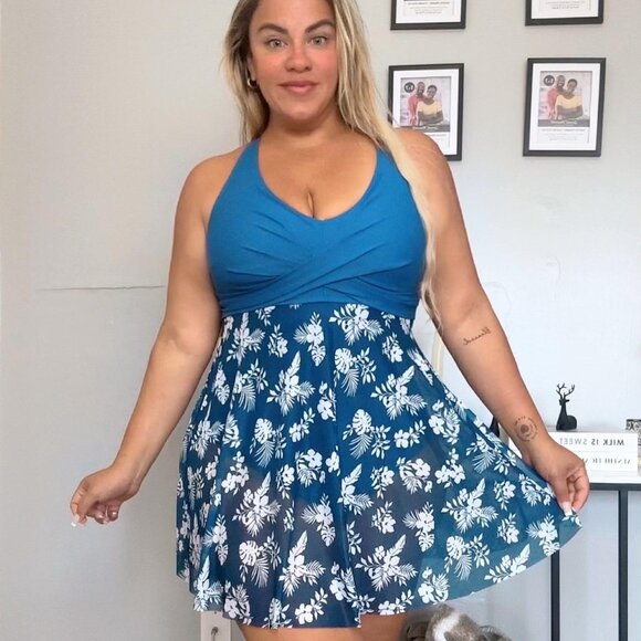 Womens Plus Size Swimsuit One Piece Bathing Suit Tummy Control Flowy Mesh Swim D - Picture 3 of 13